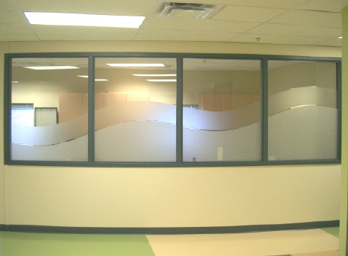 Professional frosted window film and etched glass privacy branding for Edmonton offices